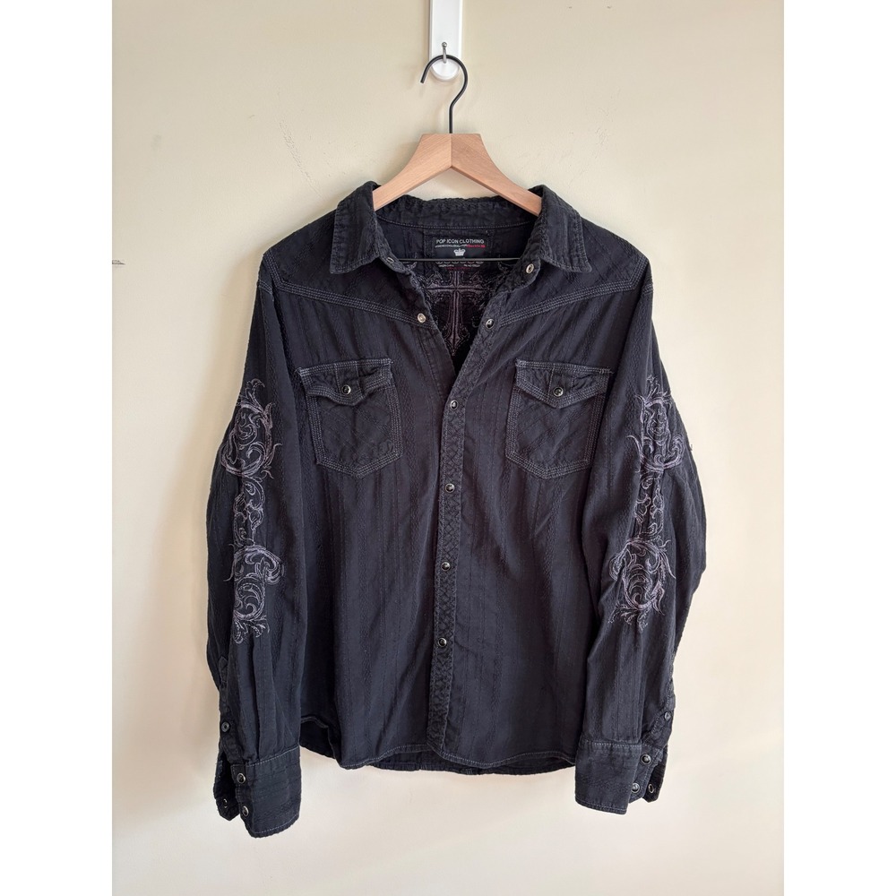 Pop Icon Clothing Buckle Mens XL Black Embroidered Cross Western Snap Shirt Y2K